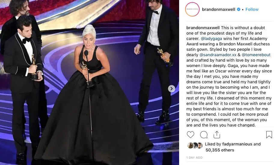 Brandon Maxwell Instagram post from the Oscars showing the love to his 'sister' Lady Gaga.