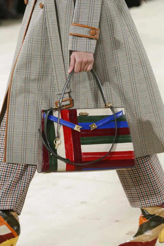 Tory Burch color-blocked handbag with metal detail is influenced by the designer's interest in Black Mountain College. (Photo by Tory Burch)