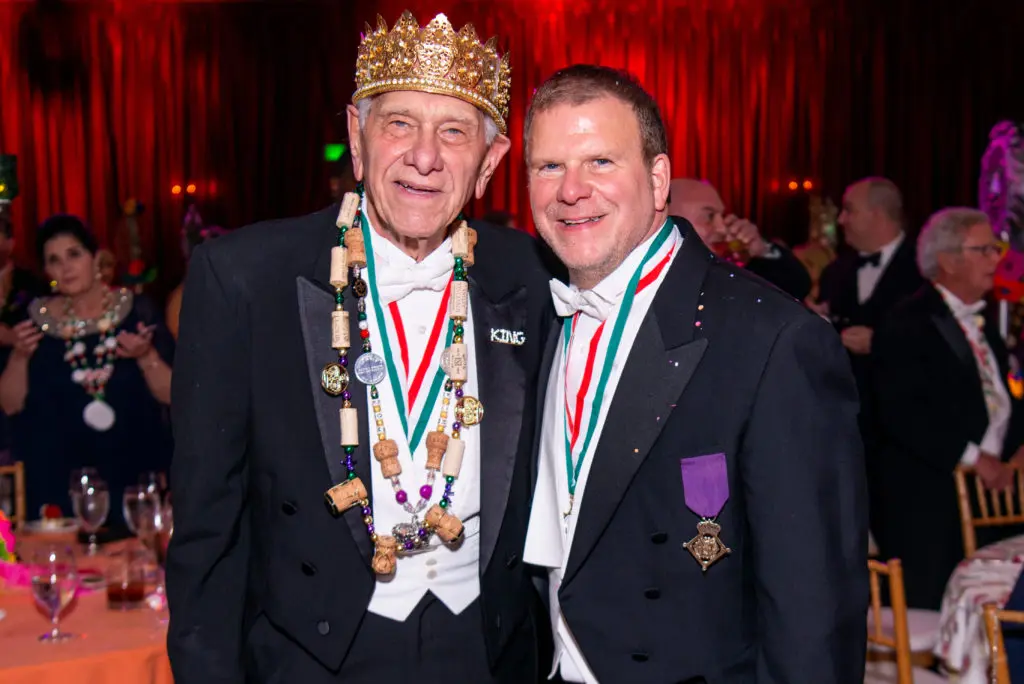 Vic Fertitta celebrates with his son Tilman Fertitta at the Knights of Momus Fiesta de Momus at The Grand 1894 Opera House in Galveston. (Photo by Michelle Watson/CatchlightGroup.com)