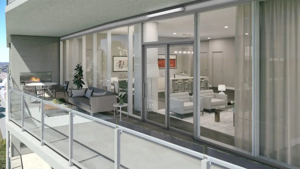 Balconies at Windrose Tower have fireplaces. 