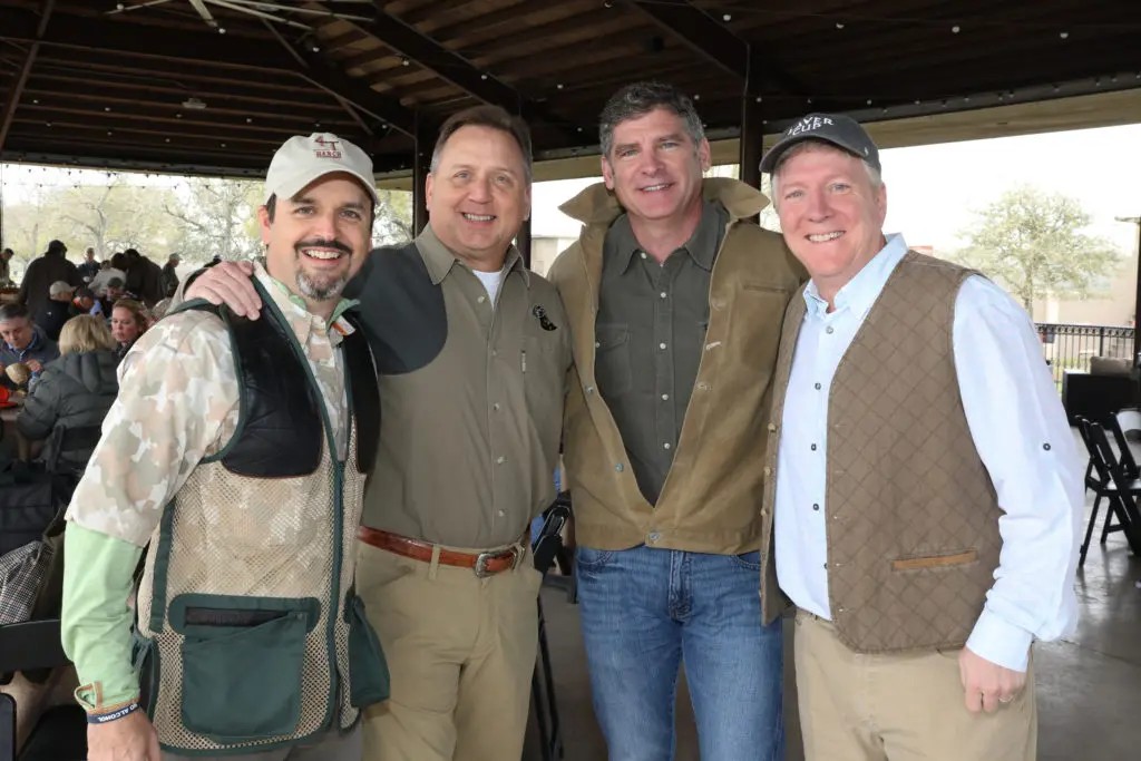 Trent Tellepsen, Brian Krivan, Jon Deutser, David Reid at the Alley Theatre Sporting Clays Competition at the Greater Houston Sports Club. (Photo by Priscilla Dickson)