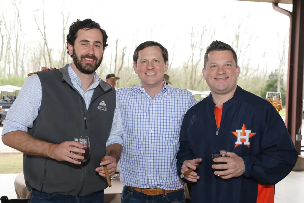 Seth Borland, Parker Meeks, Evan Meeks at the Alley Theatre Sporting Clays Competition at the Greater Houston Sports Club. (Photo by Priscilla Dickson)