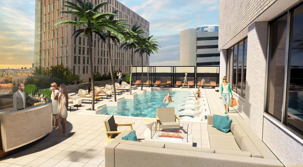 A rendering of the fifth-floor outdoor pool terrace at the upcoming Westin Houston Medical Center. The bold plan to place lobby, pool, and ballroom pavilion on the rooftop won the approval of the Texas Historical Commission. 