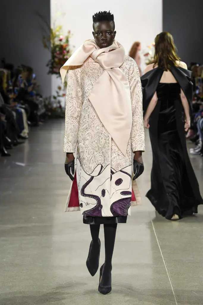 Bibhu Mohapatra Goa landscape Preciosa embroidered double satin evening coat with tie collar (Photo by Bibhu Mohapatra)