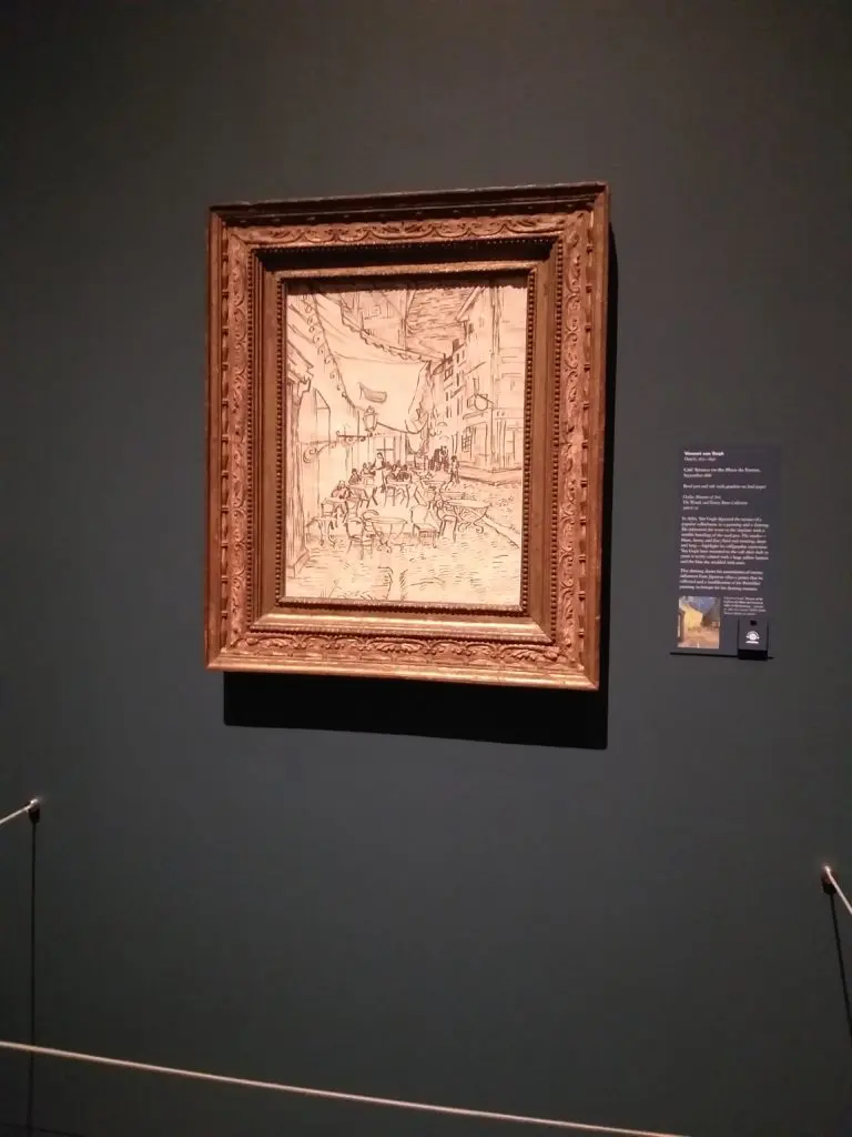 A tour de force Van Gogh drawing in the MFAH show: Café Terrace on the Place du Forum," painted in Arles, 1888. The media — reed pen and ink, with graphite. 