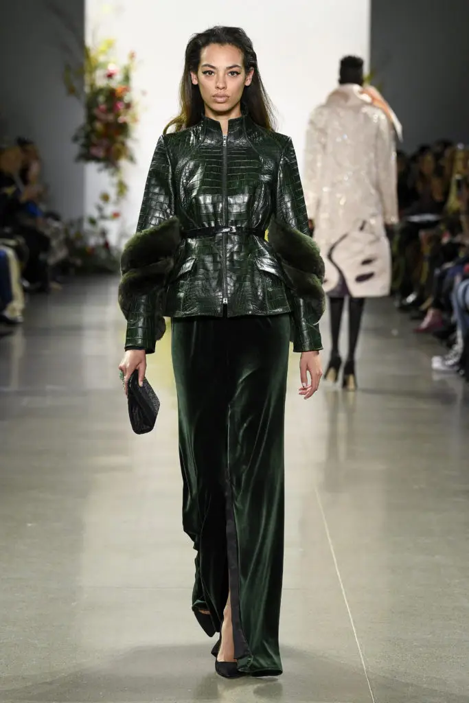 Bibhu Mohapatra emerald alligator jacket with chinchilla trim worn over emerald velvet gown (Photo by Bibhu Mohapatra)