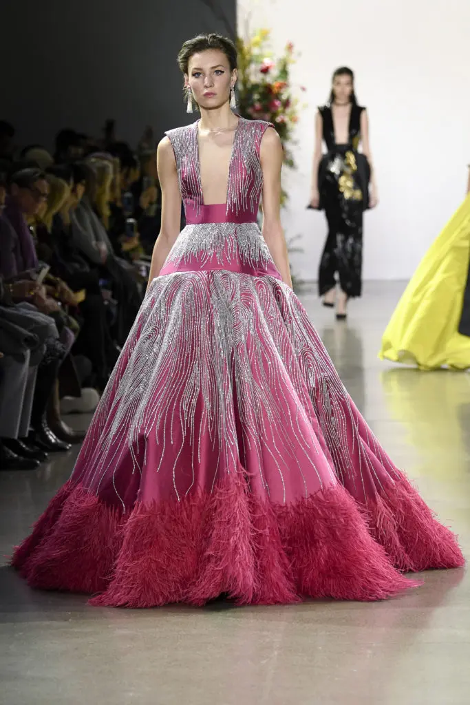  Bibhu Mohapatra fuchsia silk gabardine Preciosa crystal embroidered gown with feather hem (Photo by Bibhu Mohapatra)