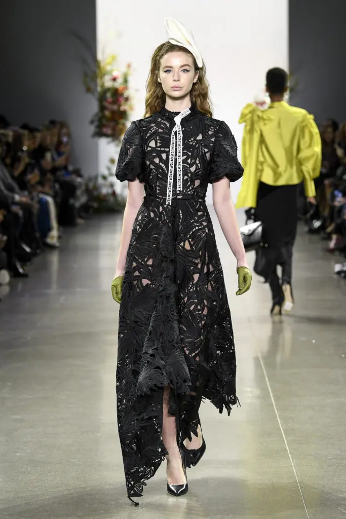 Bibhu Mohapatra onyx foliage lace dress with "Bibhu" necktie. (Photo by Bibhu Mohapatra)