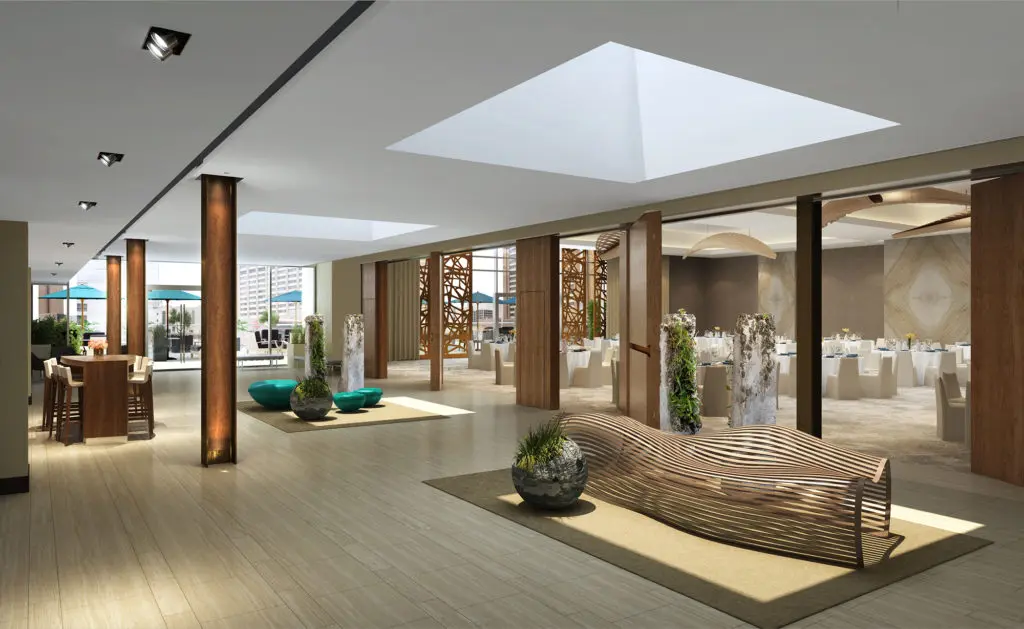 Rendering of the east lobby, Westin Houston Medical Center. The space provides opportunities for sculpture. Pearl Hospitality is open to the idea of placing works by Houston artists throughout the hotel's fifth-floor public spaces. 
