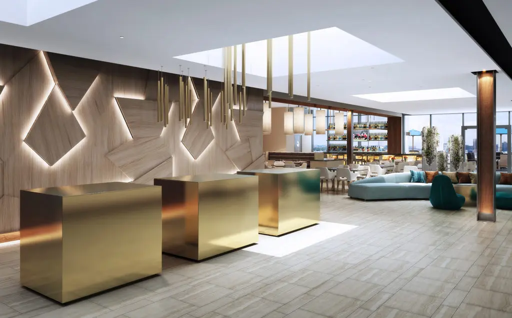 Rendering of the reception area, Westin Houston Medical Center, which is being configured on the existing rooftop of the 1956-era landmark building, a model of the International Style. 