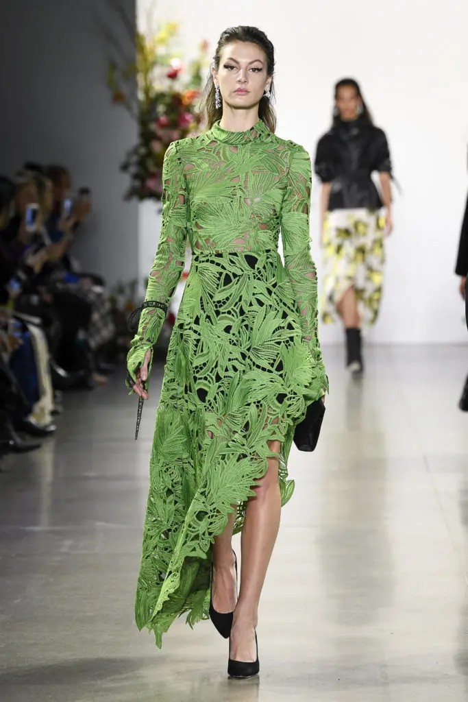Bibhu Mohapatra emerald foliage lace dress with asymmetrical hem (Photo by Bibhu Mohapatra)