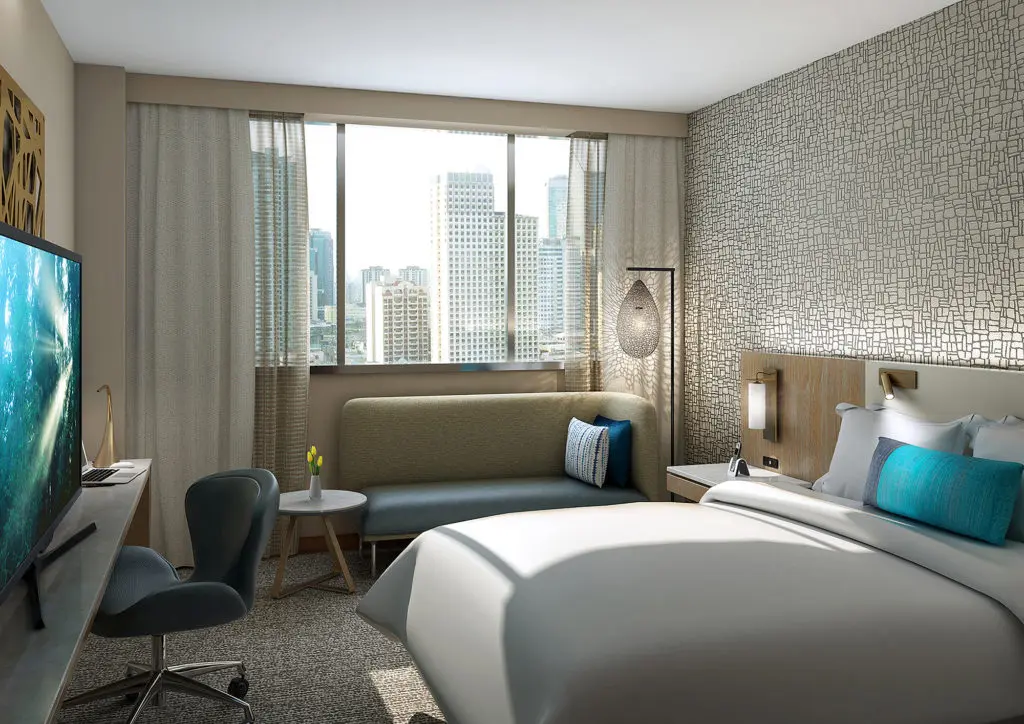 Rendering of a hotel room, Westin Houston Medical Center. The understated decor lets the architecture of the building speak. 