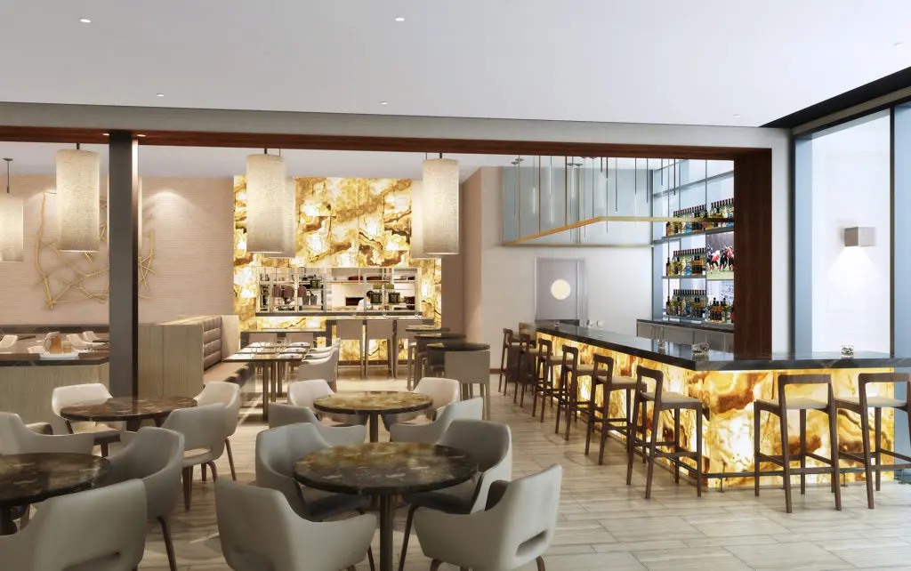 Rendering of the restaurant inside Westin Houston Medical Center. In an innovative solution, the restaurant will reside on the fifth-floor terrace roof, a design greenlighted by the Texas Historical Commission. 