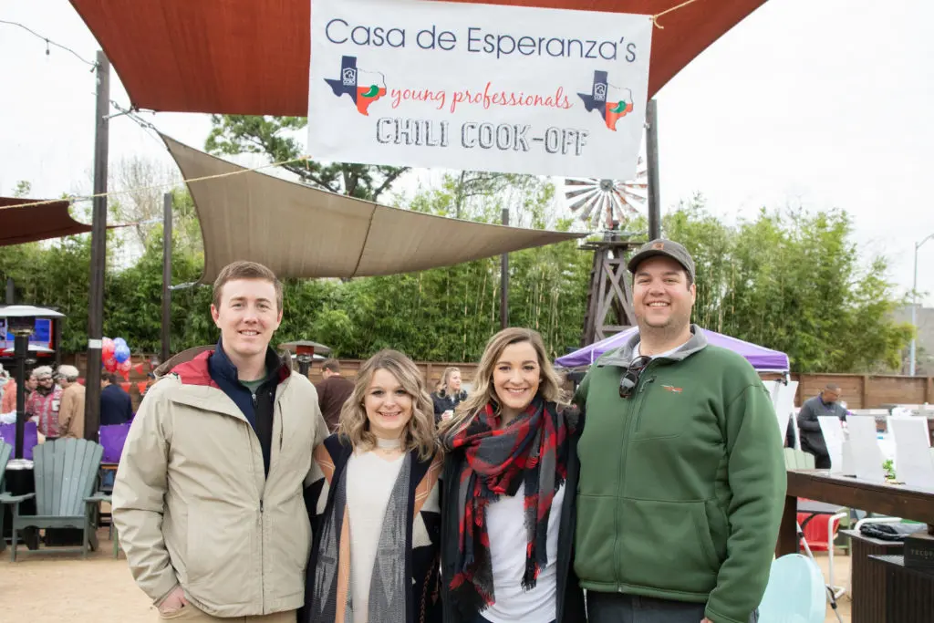 Alex Creede, Meredith Hatz, Ally Hatz and Travis Bashaw at the Casa de Esperanza Young Professional's chili cookoff at Kirby Ice House (Photo by Meredith Flaherty Photography)
