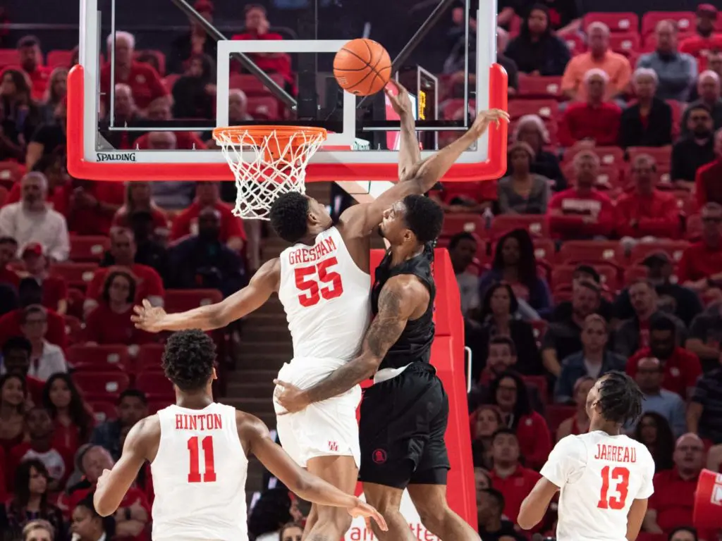 University of Houston forward Brison Gresham seems to pop off the bench blocking shots. (Photo by F. Carter Smith)