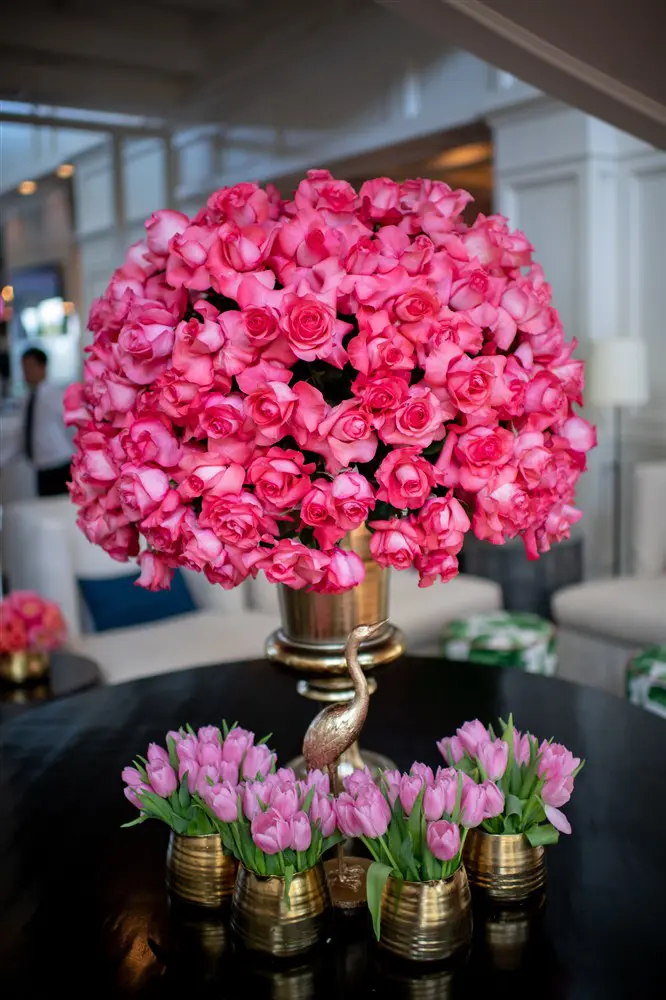 Profusions of roses and tulip bouquets dress the party scene for Whitney Crane's birthday party in Palm Beach. (Photo by Oona Beyer, Dragonfly Photography)