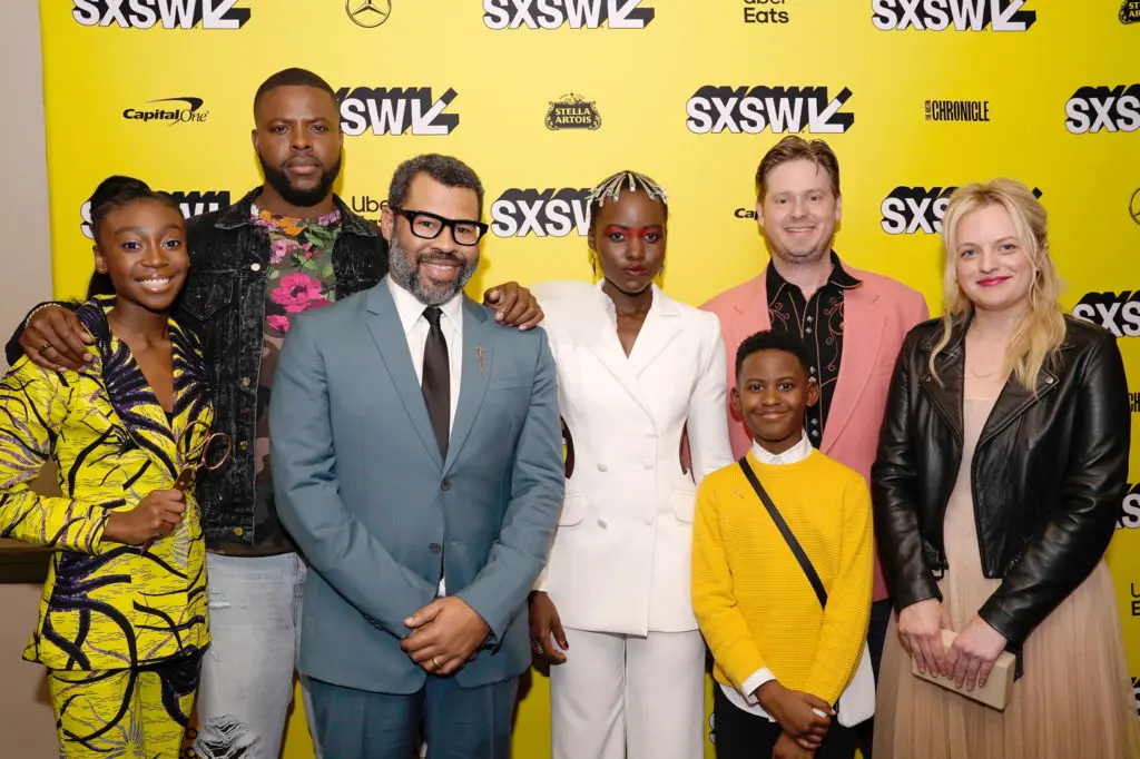 Shahadi Wright Joseph, Winston Duke, Jordan Peele, Lupita Nyong'o, Evan Alex, Tim Heidecker, and Elisabeth Moss attend the "Us" premiere.  (Photo by Ismael Quintanilla/Getty Images for SXSW)