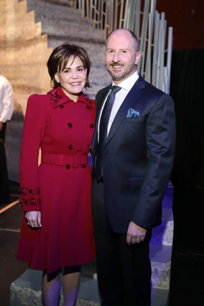 Hallie Vanderhider, Tony Bradfield at the Houston Ballet underwriter dinner on stage at Wortham Theater Center celebrating world premier of 'Sylvia.' (Photo by Priscilla Dickson)