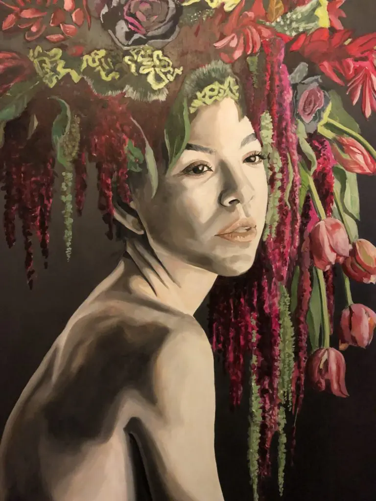 Haylee Ryan's "Female Bust with Floral Headpiece" hangs in the lobby of CANVAS hotel. 