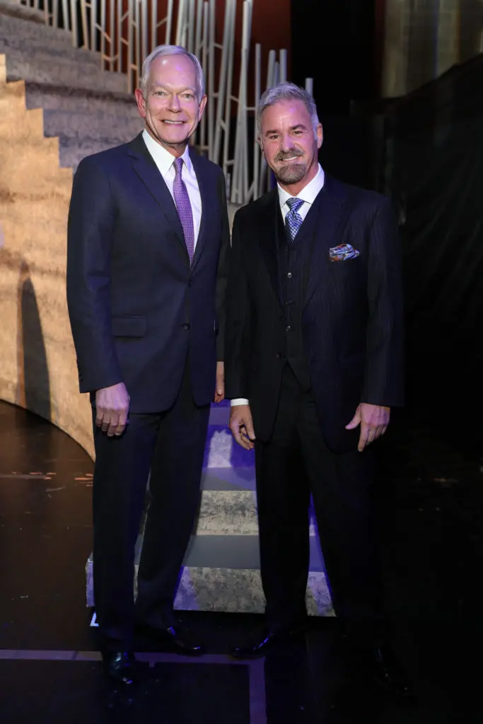 Jay Jones, Terry Wayne Jones at the Houston Ballet underwriter dinner on stage at Wortham Theater Center celebrating world premier of 'Sylvia.' (Photo by Priscilla Dickson)
