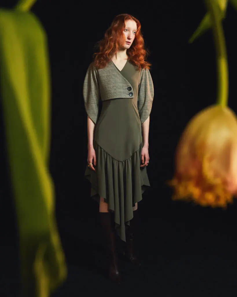 Amir Taghi dress dress with inverted triangle hemline and two-done bodice detail. (Photo by Amir Taghi)