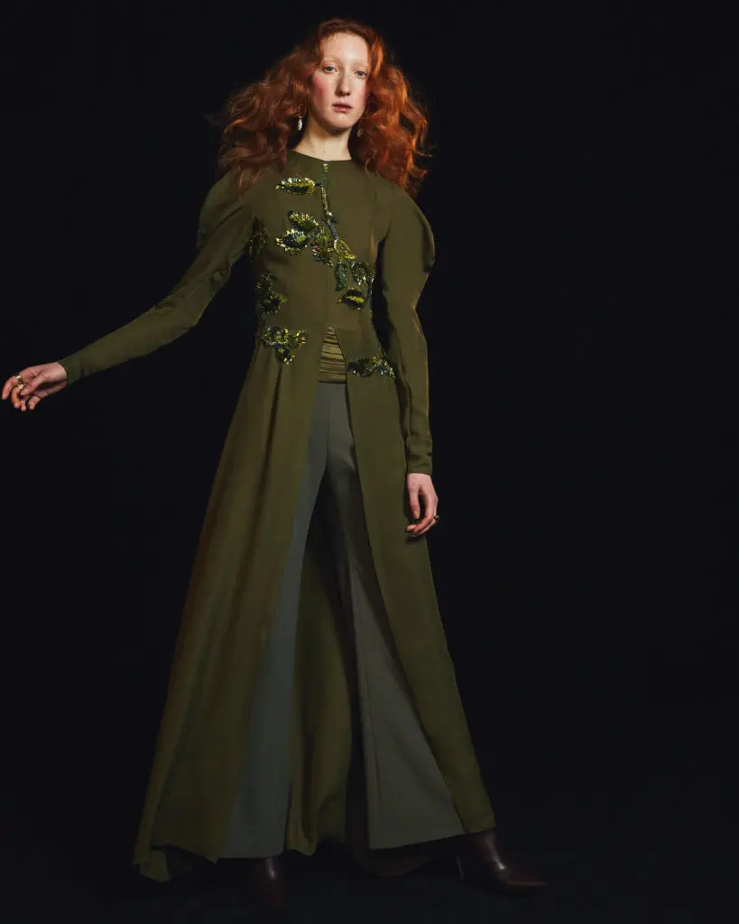 Amir Taghi green evening dress with sequin embellishment worn over trousers. (Photo by Amir Taghi)