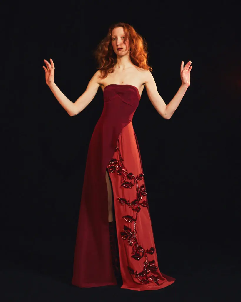 Amir Taghi evening gown with sequin embellishment representing Persian rug motif. (Photo by Amir Taghi)