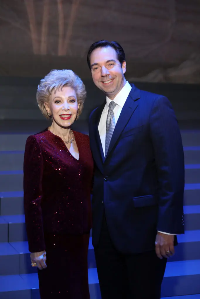 Margaret Alkek Williams, Jim Nelson at the Houston Ballet underwriter dinner on stage at Wortham Theater Center celebrating world premier of 'Sylvia.' (Photo by Priscilla Dickson)