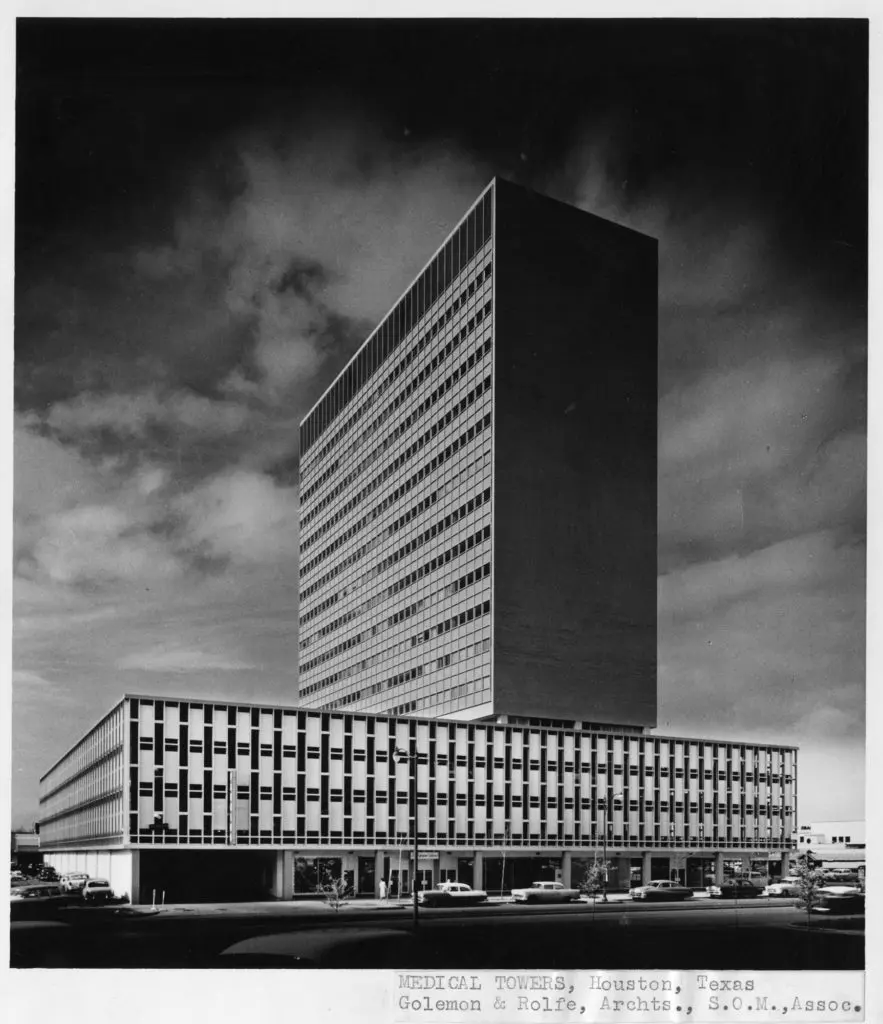 The Medical Towers, circa 1950s, issued an architectural statement about the importance of the emerging Texas Medical Center in Houston. The well-regarded hometown firm Golemon & Rolfe tapped Skidmore, Owings & Merrill's Gordon Bunshaft as consultant. 