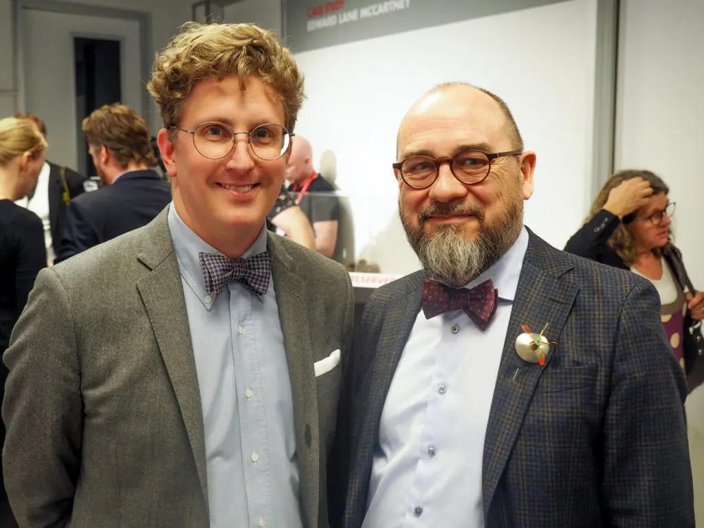 HCC executive director Perry Price and Michael Bojesen, chairman of the Danish Arts Foundation at the Houston Center for Contemporary Craft opening of the Danish Arts Foundation jewelry collection. (Photo by Katy Anderson)
