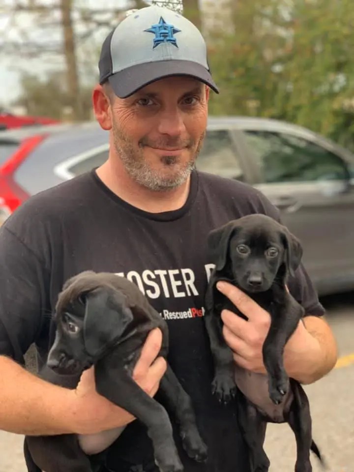 A volunteer poses with two canines from a RPM rescue event.