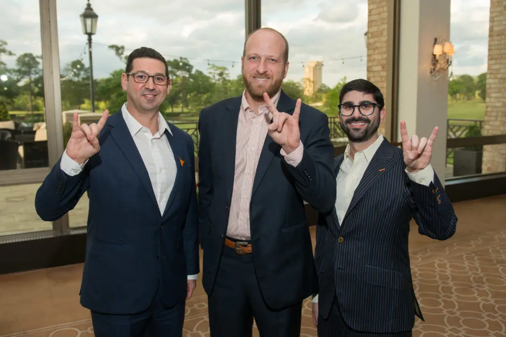 Ryan Bayer, Brock Niezgoda and Lewis Kasner at the University of Texas annual Texas Exes scholarship dinner at River Oaks Country Club.   (Photo by Jacob Power)