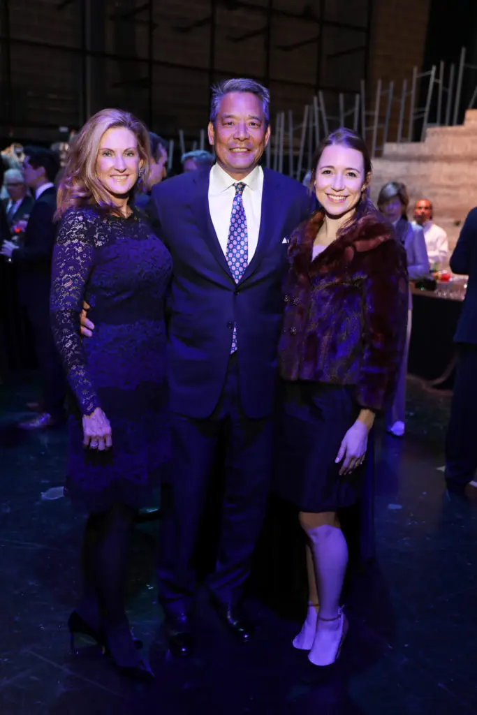 Stephanie & Frank Tsuru, Jessica Collado at the Houston Ballet underwriter dinner on stage at Wortham Theater Center celebrating world premier of 'Sylvia.' (Photo by Priscilla Dickson)