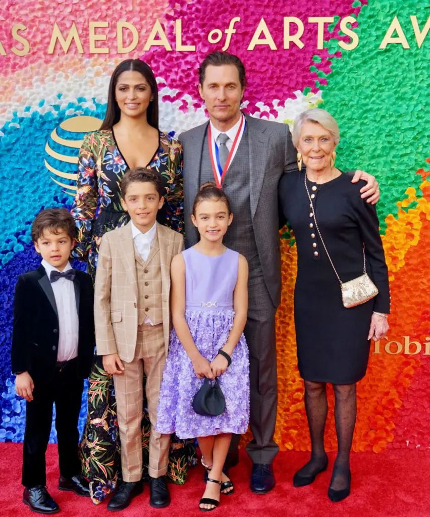 Camila Alves, Matthew McConaughey (her husband), Kay McConaughey (his mother) with Livingston, Levi and Vida McConaughey in a rare public photo at the Texas Medal of Arts Awards in Austin. (Miguel Angel photo)
