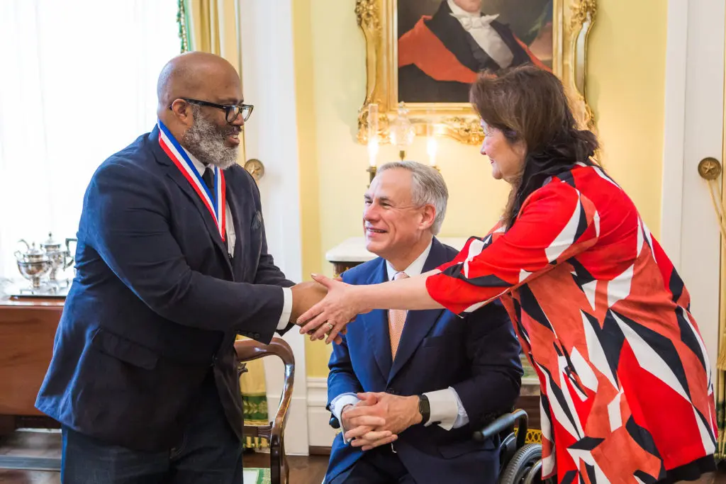 Trenton Doyle Hancock, Governor Greg Abbott and Ceilia Abbott at the Texas Medal of Arts Awards in Austin. (Tyler Schmitt Photo)