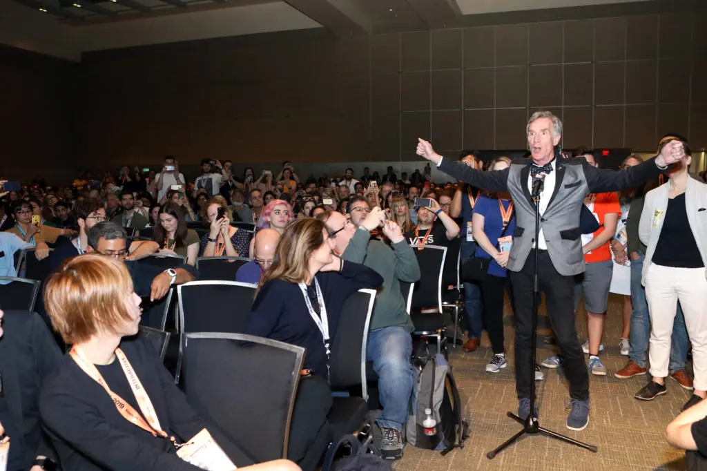 Bill Nye asks a question of the audience at the 'Alexandria Ocasio-Cortez and the New Left' session during the 2019 SXSW Conference.  (Photo by Samantha Burkardt/Getty Images for SXSW)