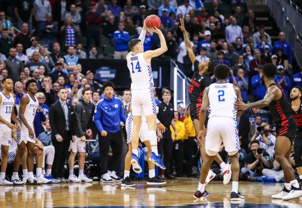 DeJon Jarreau raced over to contest the shot, but Tyler Herro's transition three led to Houston heartbreak in the 2019 NCAA Tournament. 