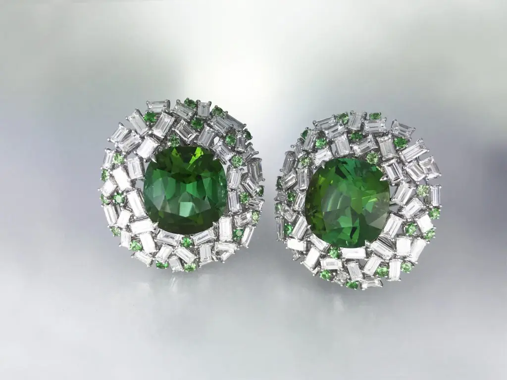 Margot McKinney tourmaline earrings surrounded by diamond baguettes.