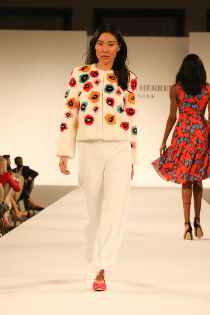 Carolina Herrera floral print mink jacket and white trousers. (Photo by Priscilla Dickson Photography)