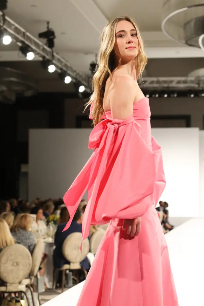 Carolina Herrera pink strapless gown with tie sleeves. (Photo by Priscilla Dickson Photography)