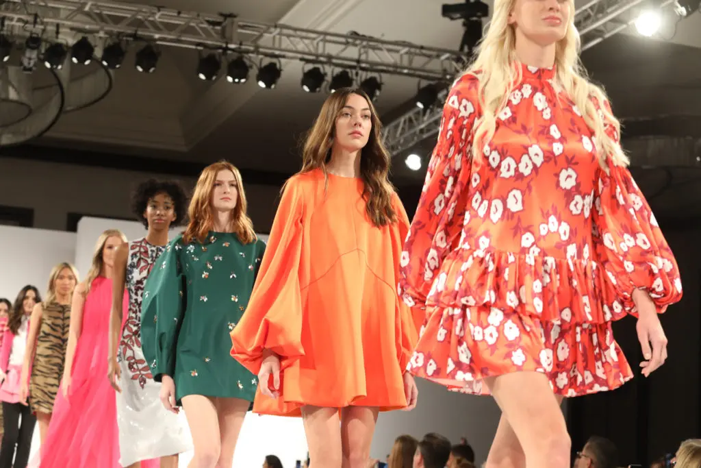 The Carolina Herrera fall collection features short dresses in bright shades and bold prints. (Photo by Priscilla Dickson Photography)