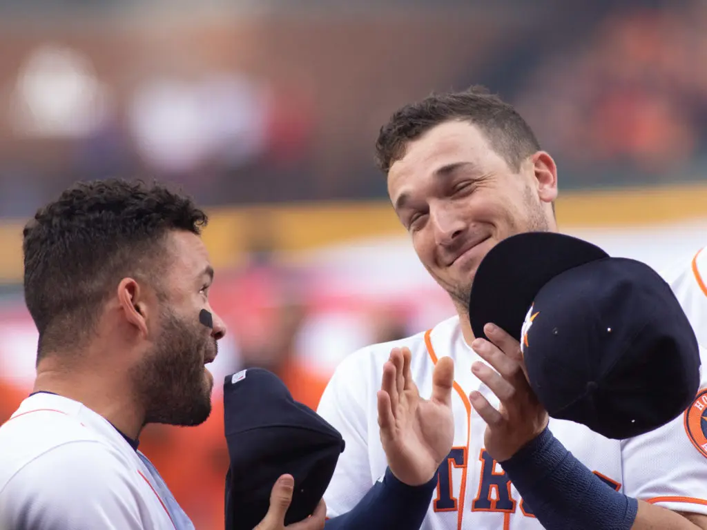Jose Altuve and Alex Bregman shared a moment. (Photo by F. Carter Smith)