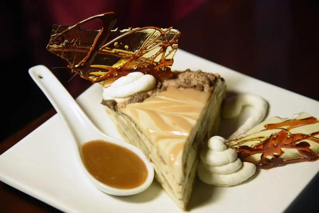 The Banana Bazooka has caramel, cinnamon, and Callebaut white chocolate ganache all wrapped in a "crepe-like" tortilla torte.