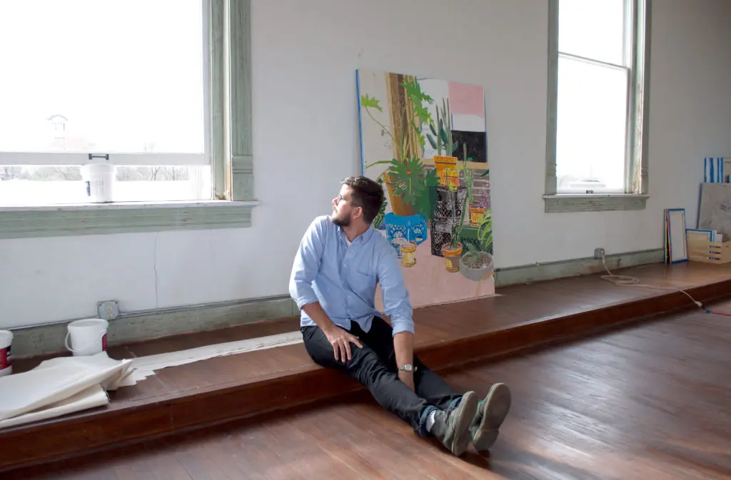 Kerl in his expansive studio at 100 West, a residency in Corsicana, Texas — an hour south of Dallas — an environment, which the artist describes as "monastic." (Photo by Kyle Hobratschk)