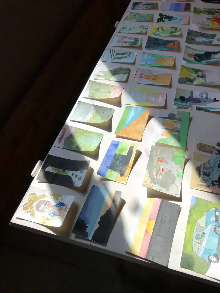 Italian idylls: watercolors completed during the author's residency at Villa Lena in the Tuscan countryside. (Photo by Bradley Kerl)