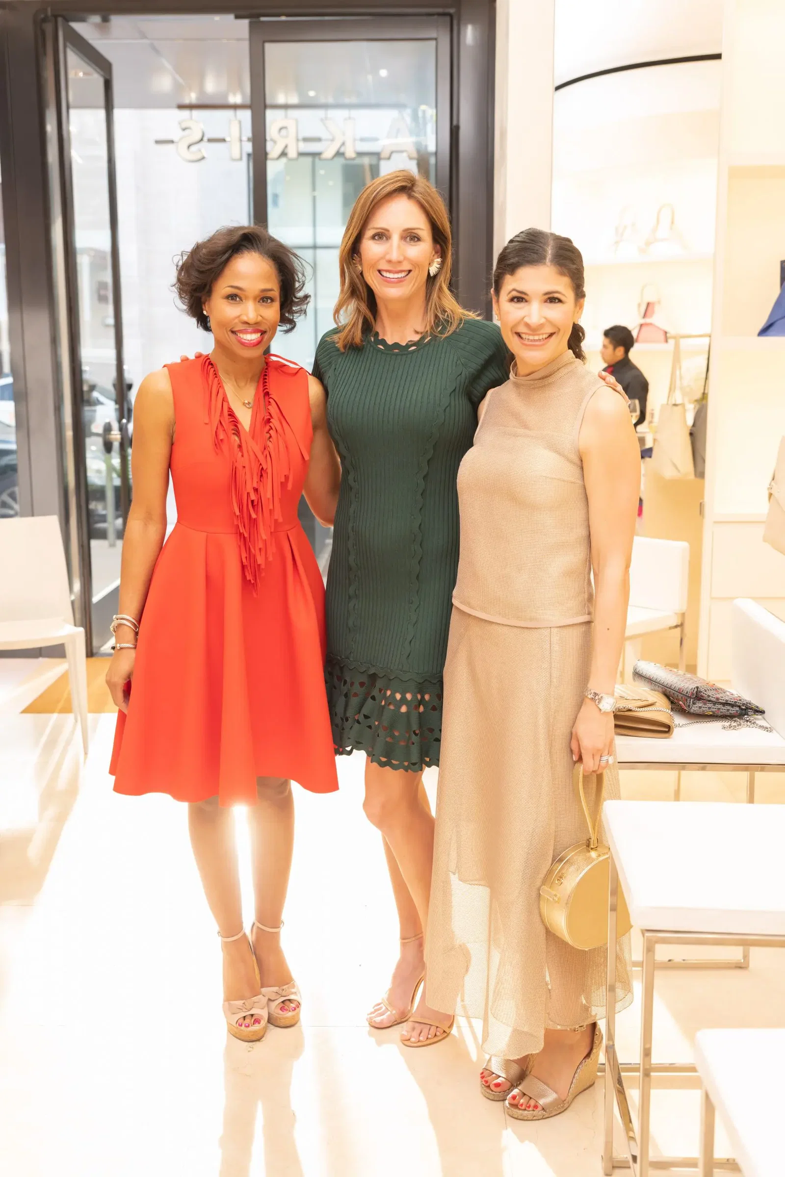 Roslyn Bazzell, Brooke Bentley, Kristy Bradshaw at the Akris/PaperCity champagne fete. (Photo by Nathan Colbert)