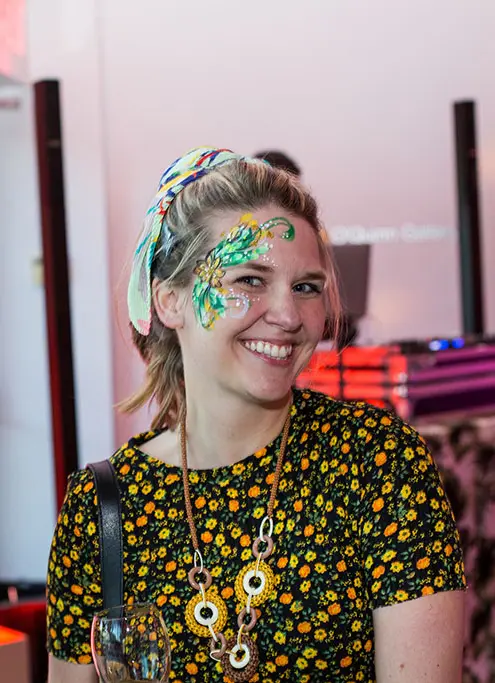 Co-chair Mandy Hixon with her face freshly painted at Lawndale's A Kitschy Evening (Photo by Laura Burlton)