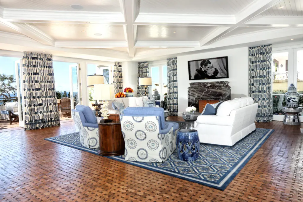 The blue and white porcelain-inspired living room at the Bill Stubbs decorated home in Corona del Mar. 