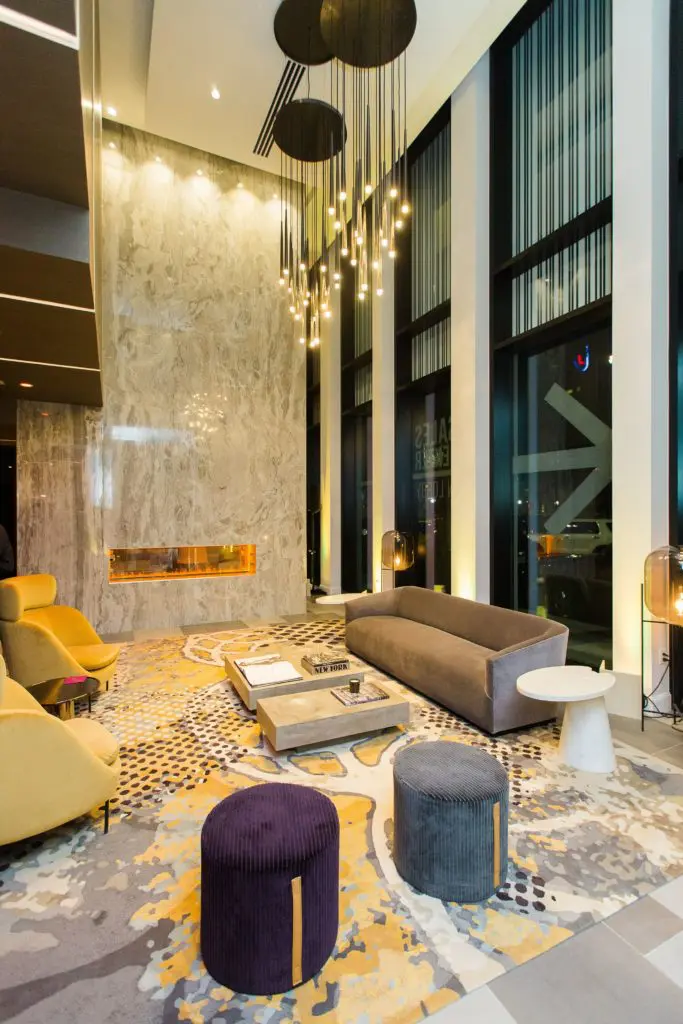 Another view of the swank contemporary lobby of The Marlowe, downtown Houston luxury condo. (Photo by Rachel Stubbe Photography)