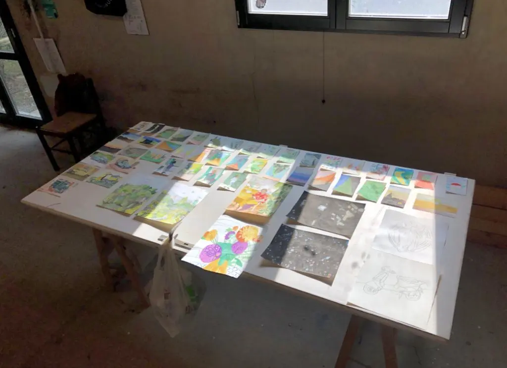 Works on paper produced by the author during a productive 2018 residency at Villa Lena, in the heart of the Tuscan countryside. (Photo by Bradley Kerl)